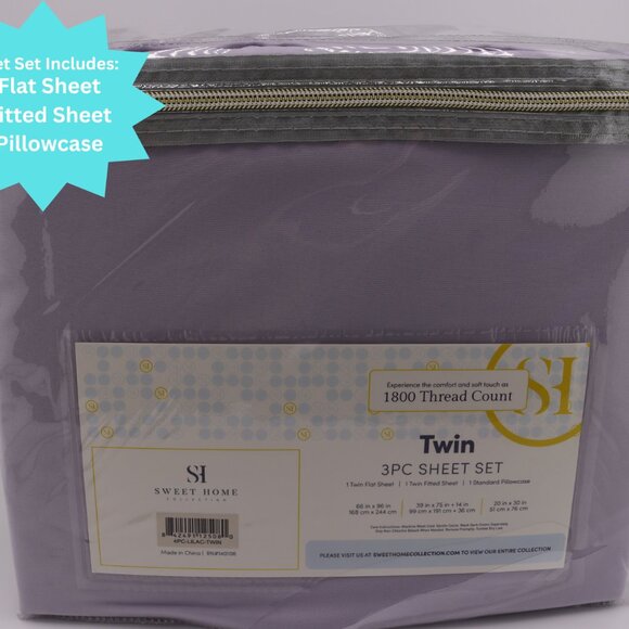3PC TWIN Sweet Home Collection 1800 Thread Count Sheet Set - Lilac - Picture 2 of 3